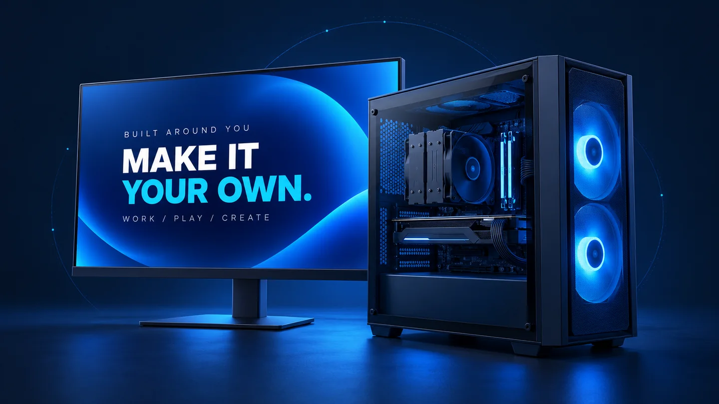 Desktop PC with blue lighting beside a monitor displaying Make it your own.